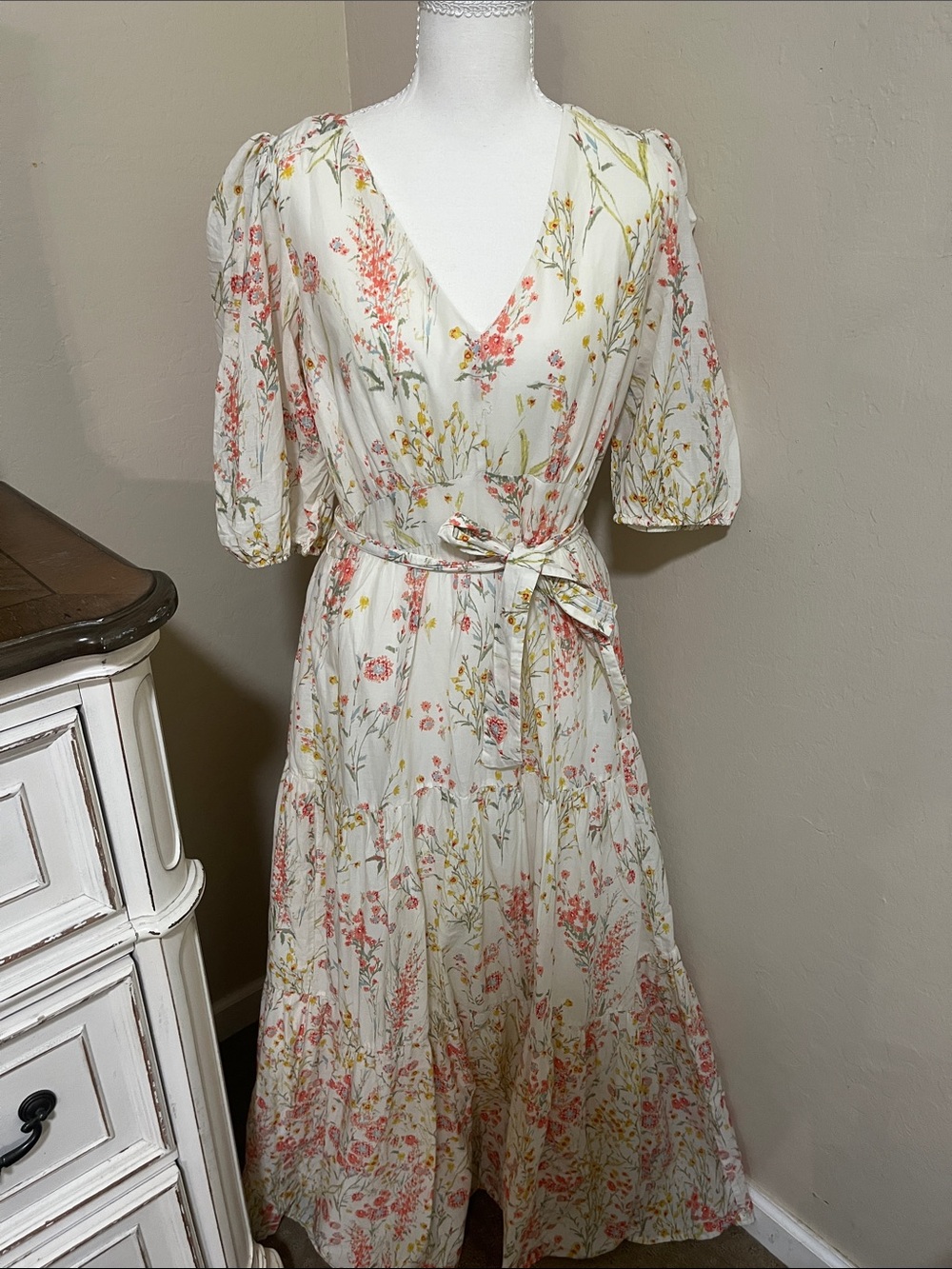 Ralph Lauren Cream Maxi Dress with Pink & Green Floral Print - Picture 2 of 8